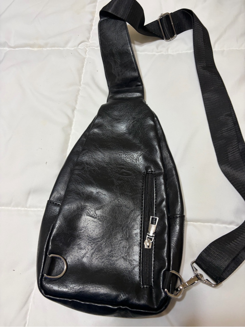 Men's Black Leather Sling Bag - Minimal Crossbody Chest Pack